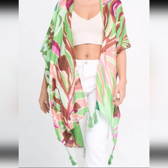 Kimono OS Tassels Green/peach New! - Picture 3 of 4